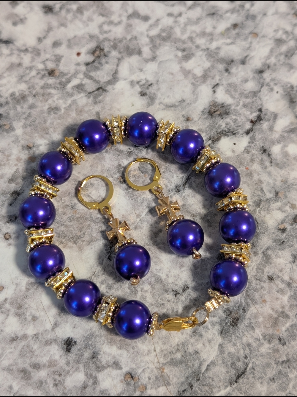 Handmade Golden Accents & Purple Beads Bracelet and Earring Set